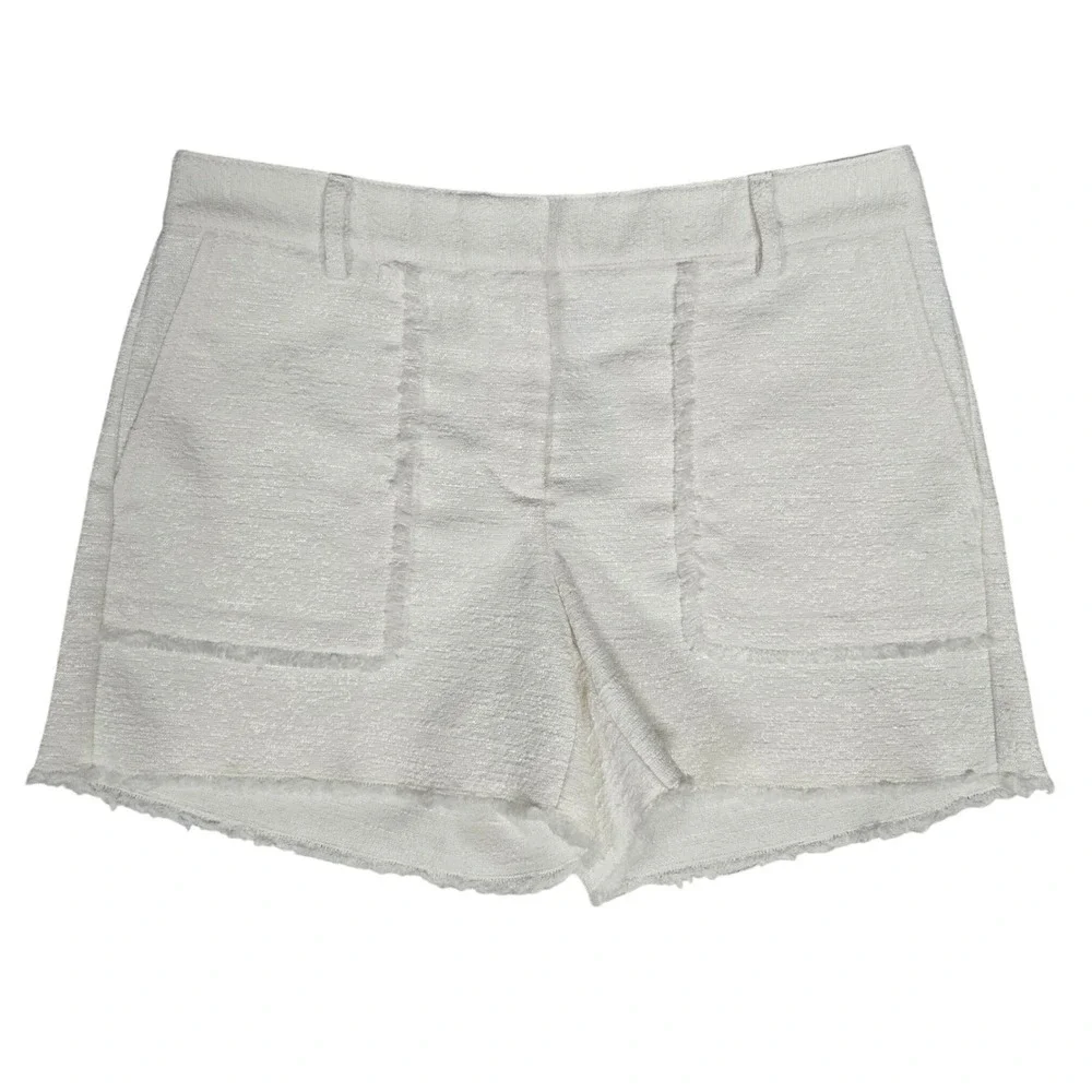 Ann Taylor White Tweed Fringe Trim Patch Pocket Shorts Minimalist Womens Size 6